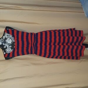 Faded Glory red & blue striped stretchy summer dress. Ruched waist. Sz L (12-14)